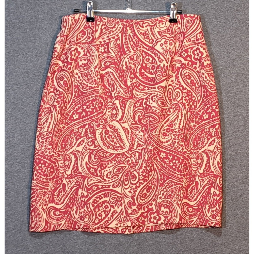 ANN TAYLOR Paisley Print Silk Wool Blend Knee Length Skirt Size 10 Red Beige - Picture 1 of 8
